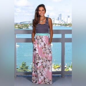 NAVY STRIPED FLORAL SLEEVELESS MAXI DRESS